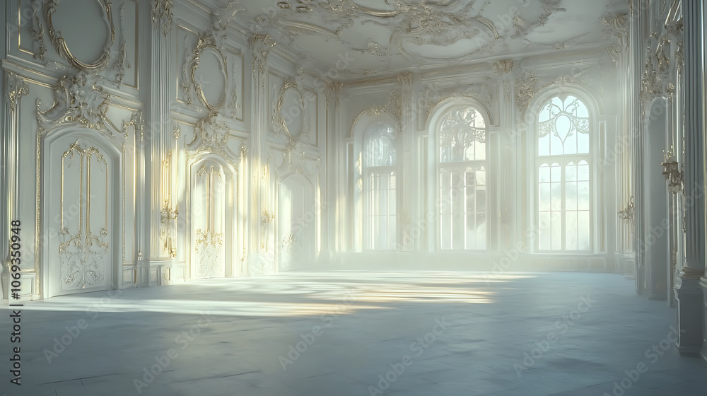 Poster an empty glamorous rococo baroque ballroom generated by ai