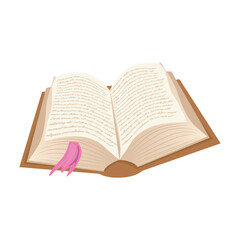 Magic book in flat design. Open medieval literature manuscript with spells. Vector illustration isolated.