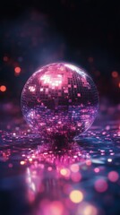 A sparkling disco ball reflects vibrant lights in a whimsical dance environment at night