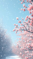 Snowfall over a tranquil winter landscape with bare trees and soft blue tones