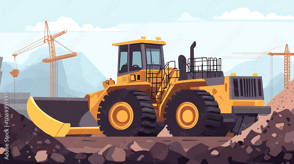 Poster powerful wheel loader or bulldozer working in a quarry or construction site, earthworks in construct