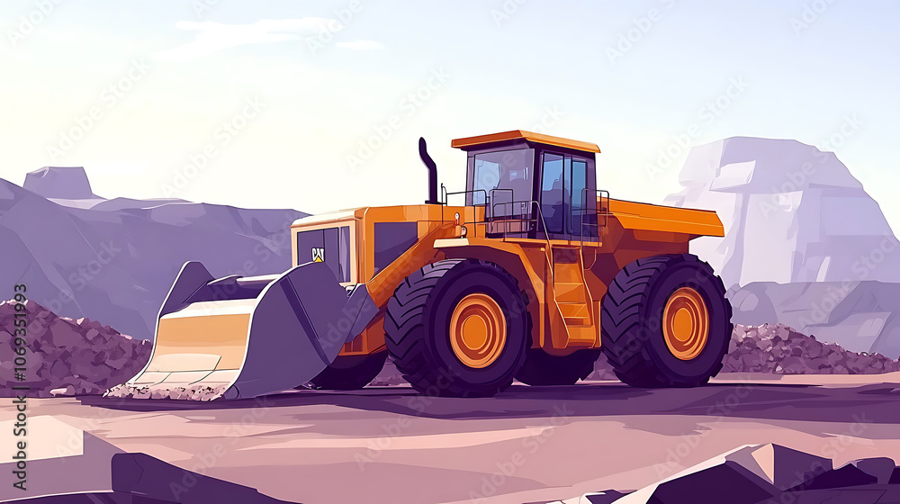 Poster powerful wheel loader or bulldozer working in a quarry or construction site, earthworks in construct