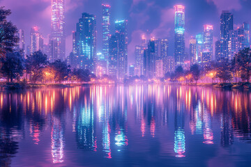 Fototapeta premium Skylines reflected on rivers or lakes at night show the beauty of city landscapes. Concept of city reflection.