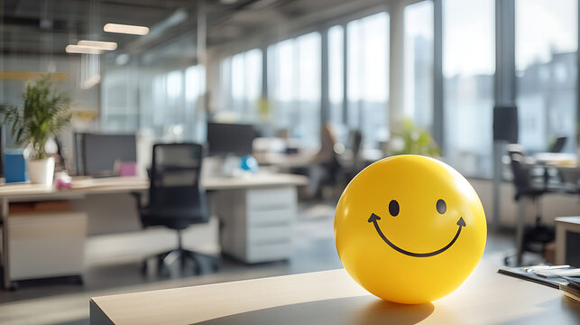 Positivity in the workplace demonstrated by a yellow smiling ball in the office interior, promoting a positive work environment and inspiring corporate culture