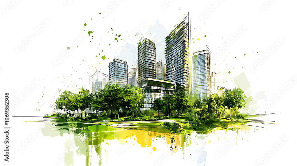 Poster Sketch of a sustainable development project isolated on a white background, Green project, underlining the importance of environmental considerations in planning and architecture, Generative A