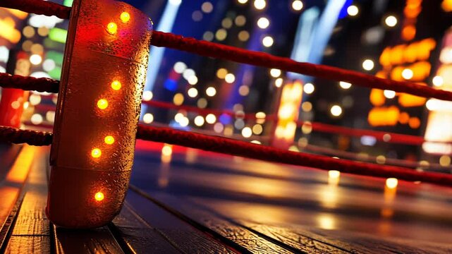A close-up of a boxing ring post with bright lights in the background, creating a dramatic scene