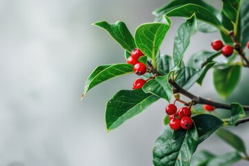 A close-up view of a plant's fruit, featuring bright red berries
