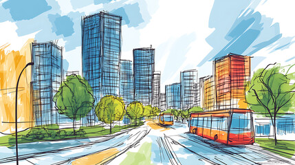 Obraz premium Urban planning sketch highlighting sustainable elements like green spaces, public transportation, and pedestrian zones -