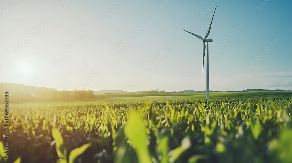Poster wind turbine majestically standing in the green fields under a clear blue sky, exemplifying the harn