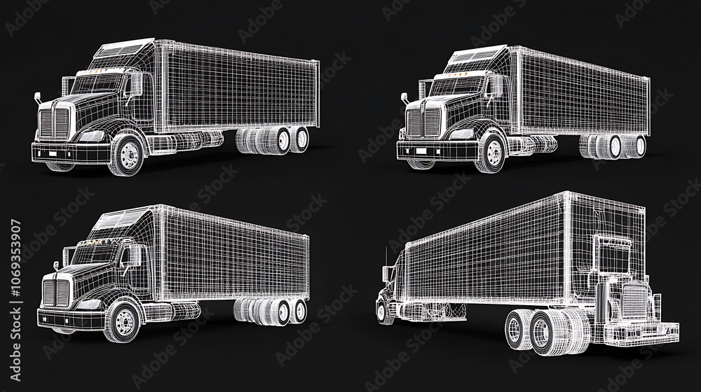 Poster Wireframe generic and brandless truck in four view