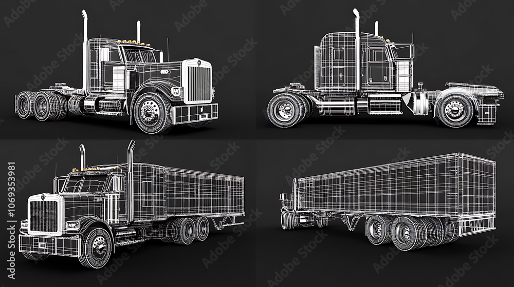 Aufkleber wireframe generic and brandless truck in four view
