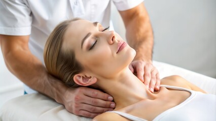 Neck massage treatment for a relaxed woman in a spa setting, calm and soothing atmosphere