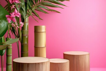 Bamboo stems and podiums on pink background  with generative ai