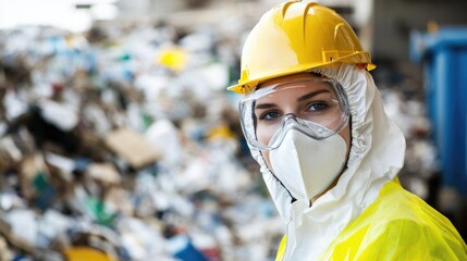 A woman wearing a hard hat and safety gear, ready for construction or industrial work