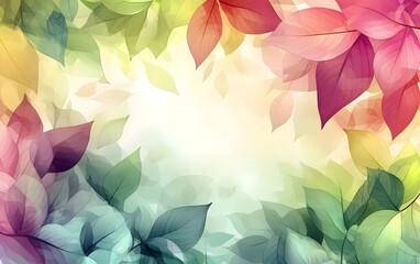 A vibrant, colorful arrangement of overlapping leaves in shades of pink, green, and yellow, creating a cheerful and fresh backdrop suitable for various design uses.