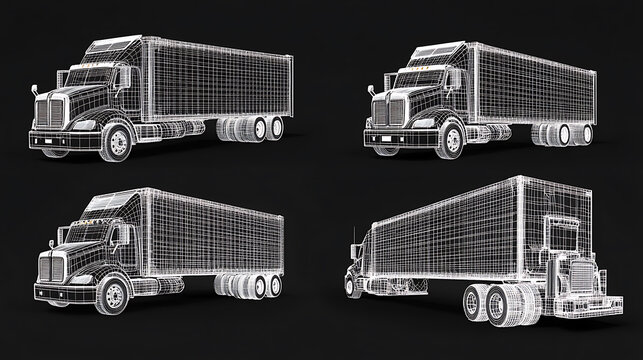 Wireframe generic and brandless truck in four view