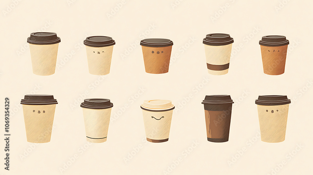 Poster set of icons with paper cups for coffee of different sizes and different lids