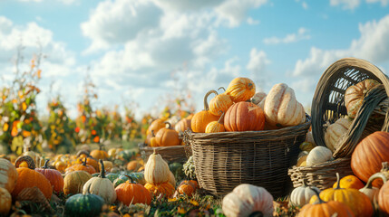 A delightful harvest scene with baskets of pumpkins and gourds on display in a field.