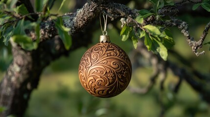 A decorative wooden ornament hangs from the branch of a tree