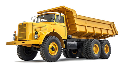 a yellow dump truck with large wheels isolated on a white background.AI GENERATED