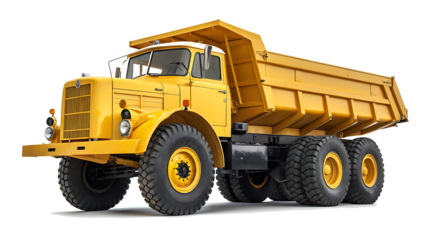 a yellow dump truck with large wheels isolated on a white background.AI GENERATED