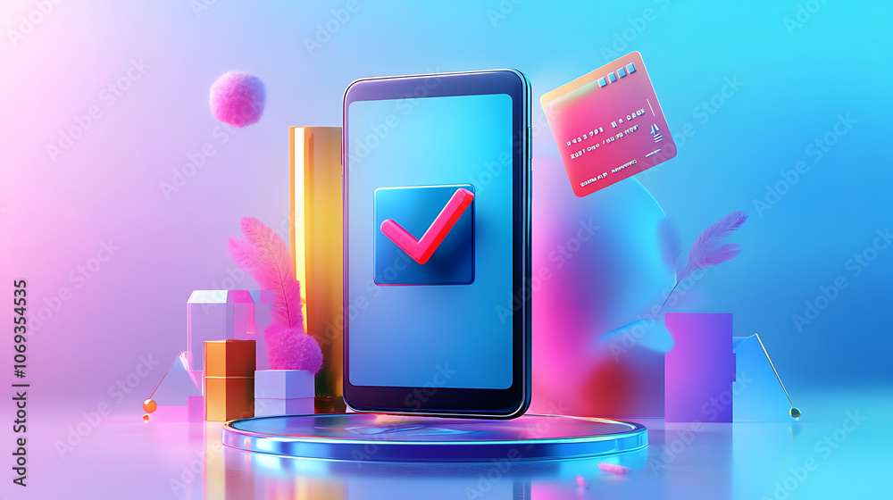 Poster vector 3d illustration of mobile phone with check mark on screen, digital financial services and onl