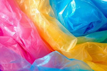 Colorful plastic sheets swirl in a vibrant dance of blue, pink, and yellow. Generative AI