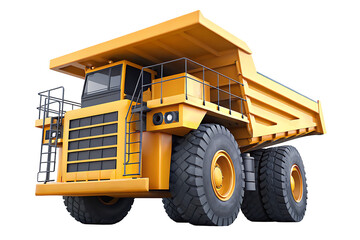 a yellow dump truck with large wheels isolated on a white background.AI GENERATED