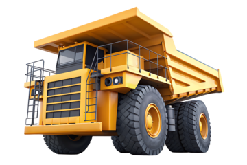 a yellow dump truck with large wheels isolated on a white background.AI GENERATED
