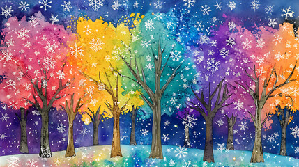 watercolor trees and colorful snowflakes on the background