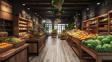 wooden wooden table, aisle and grocery store