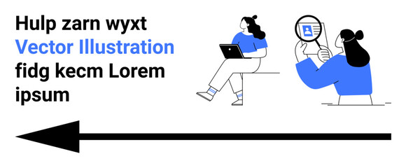 Two people, one with a laptop and another with a magnifying glass. Large black arrow pointing left. Ideal for business, technology, teamwork, research, navigation, direction, modern design. Landing