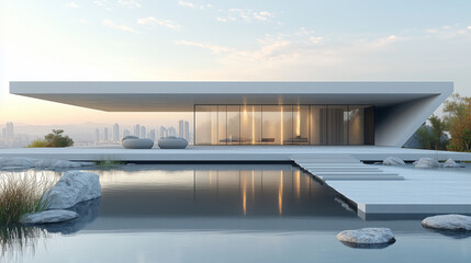 Fototapeta premium Modern minimalist house with reflection pool and city view