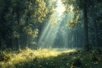 A sunlit forest glade with rays of light filtering through the trees creates a scene of peaceful, natural beauty. Concept of beauty in nature.