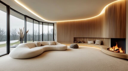 Fototapeta premium Cozy modern living room with curved sofa and fireplace in a contemporary home surrounded by nature on a cloudy day