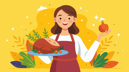 Smiling Woman Holding Thanksgiving Turkey on Yellow Background. Smiling Woman Holding a Roasted Turkey with Fresh Ingredients 