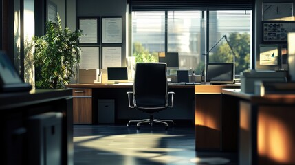 Fototapeta premium Office Space with Multiple Desks, White and Wood Accents, and Eames-Style Chair