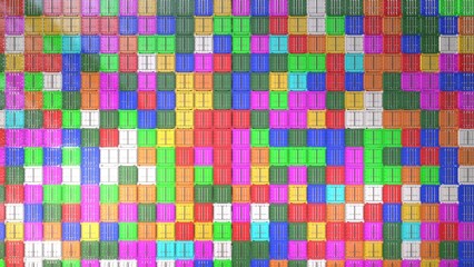 many colorful shipping containers stacking very high as facade flat view.