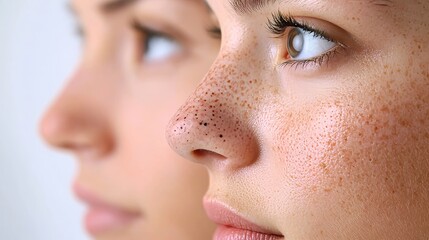 Obraz premium Womanâ€™s nose with blackheads before and after skincare; close-up details. 