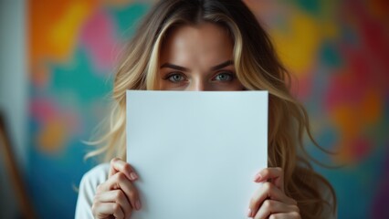 Woman holding a blank paper in a lively art studio, suitable for personal branding, creative messages, or promotional content in an artistic atmosphere.