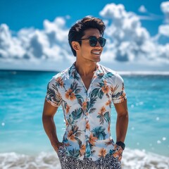 Smiling tourist man in Hawaiian shirt walking by tropical beach in summer