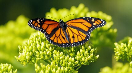 Obraz premium Butterfly resting on a vibrant green flower, nature-inspired close-up. 