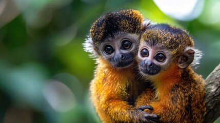 Two monkeys sitting on a tree branch, looking out at the viewer