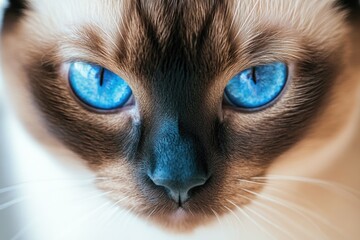 A clear and detailed image of a feline's face, featuring piercing blue eyes