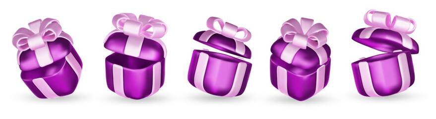 Set of realistic 3d render gift boxes. Purple gift box with pink bow and ribbon. Gift box in different angles. Vector illustration.