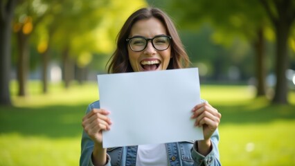 Fototapeta premium Woman holding blank paper in a bright green park, perfect for outdoor lifestyle messages, eco-friendly branding, or customizable content.