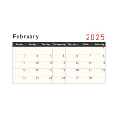 2025 calendar template. February layout with week starting on Sunday. Vector illustration