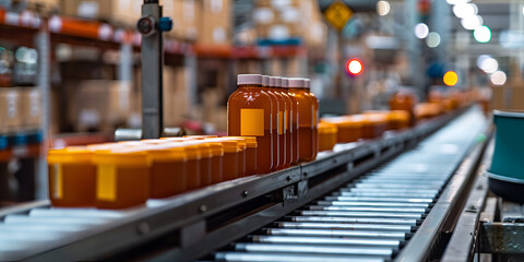 Automated Conveyor with Medicine Bottles in Factory, Pharmaceutical Bottle Packaging on Conveyor System
