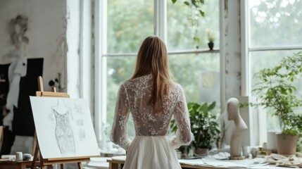 Fashion designer and model collaboration in airy studio setting for creative inspiration