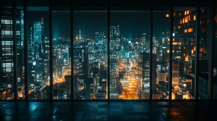 A panoramic view of a vibrant city skyline illuminated at night from a high-rise building, showcasing bustling urban life